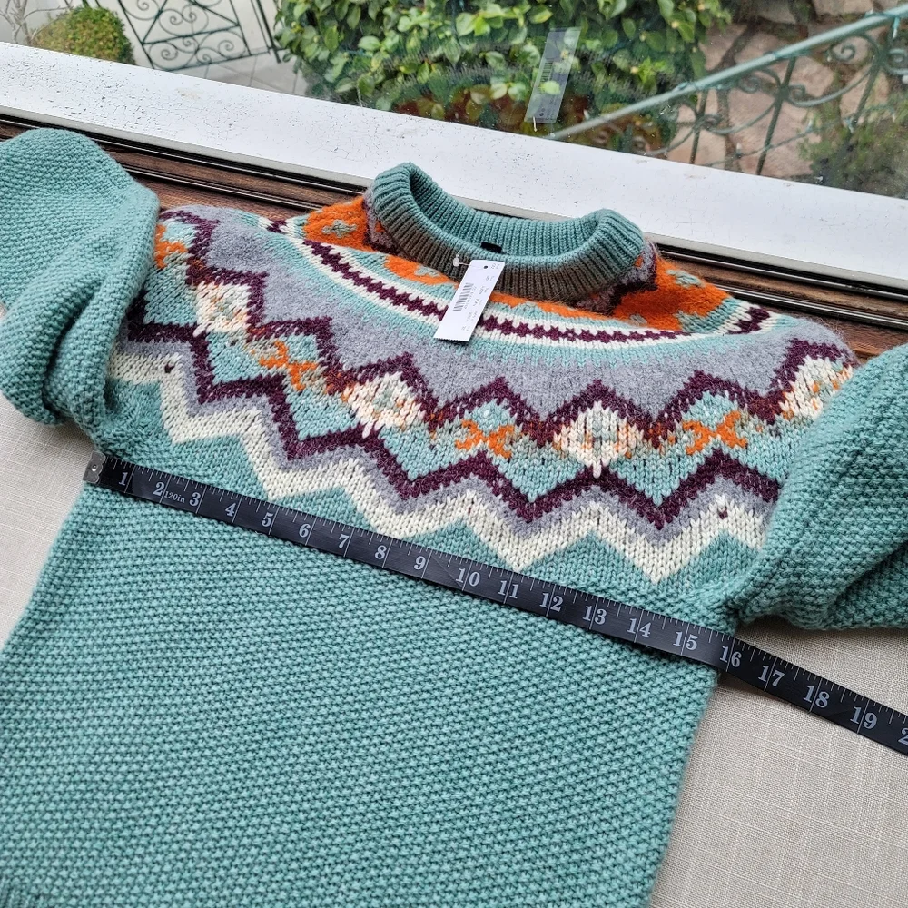 New! J Crew sz XS X-Small Zigzag Fair Isle Warm Aqua Blue Sweater NWT